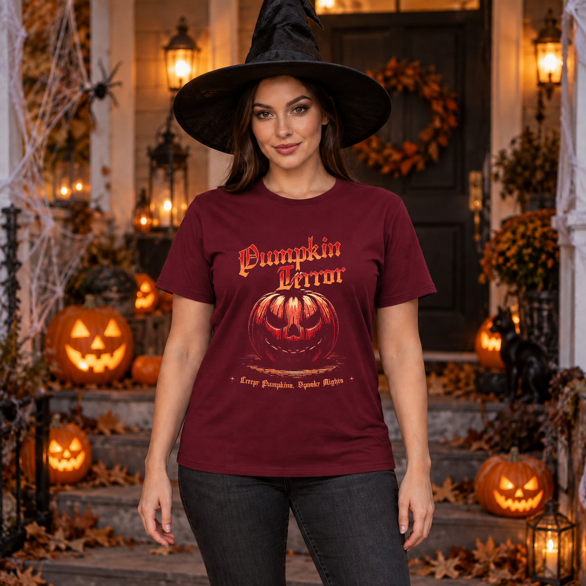Halloween - Spooky Pumpkin T-Shirt – Halloween Streetwear Graphic Graphic Tee - Color: maroon