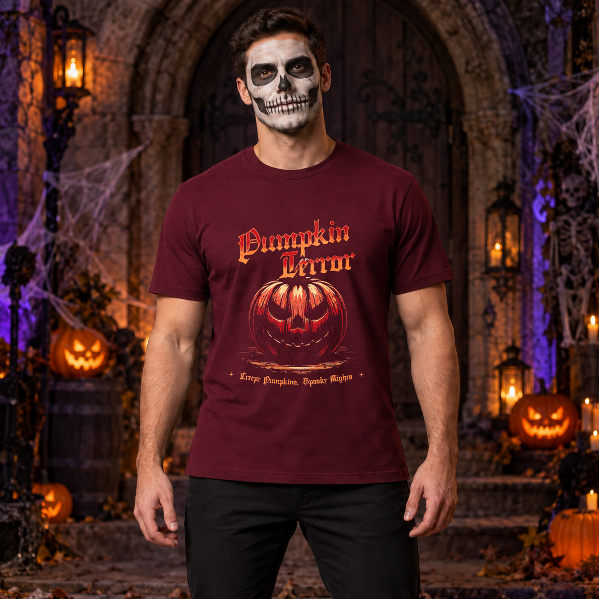 Halloween - Spooky Pumpkin T-Shirt – Halloween Streetwear Graphic Graphic Tee - Color: maroon