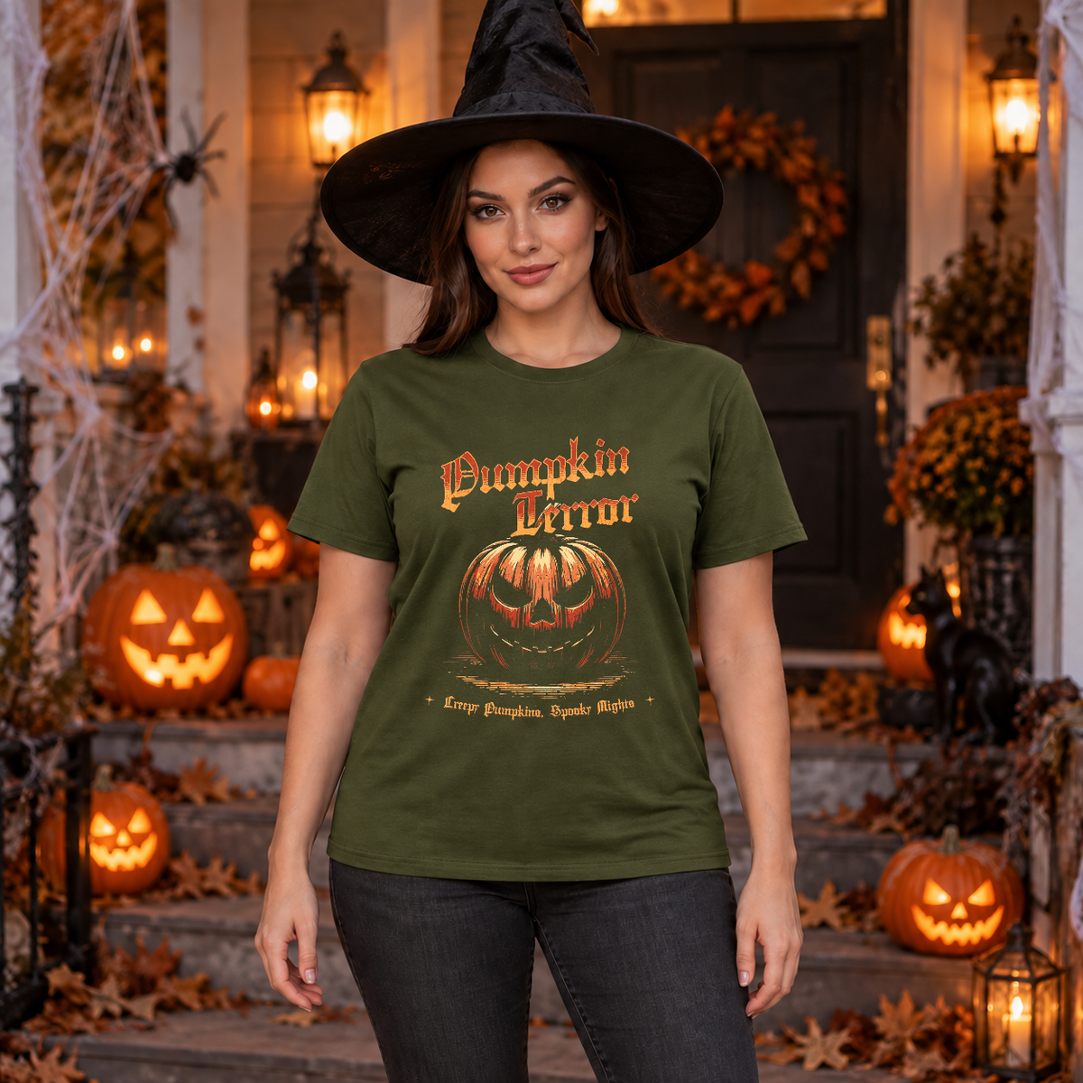 Halloween - Spooky Pumpkin T-Shirt – Halloween Streetwear Graphic Graphic Tee - Color: military green