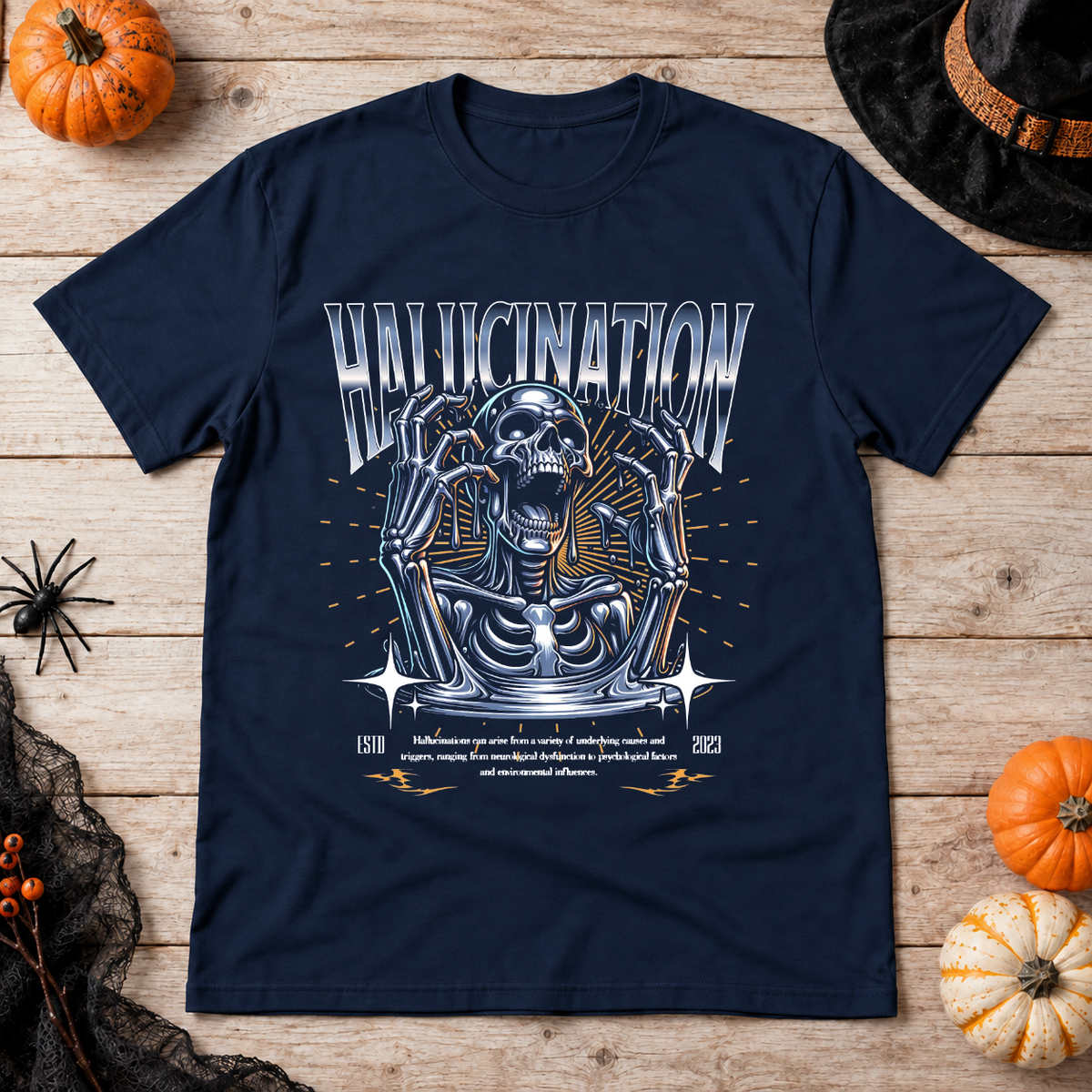 Hallucination T-Shirt – Dark Editorial Graphic Design Graphic Tee - Color: navy
