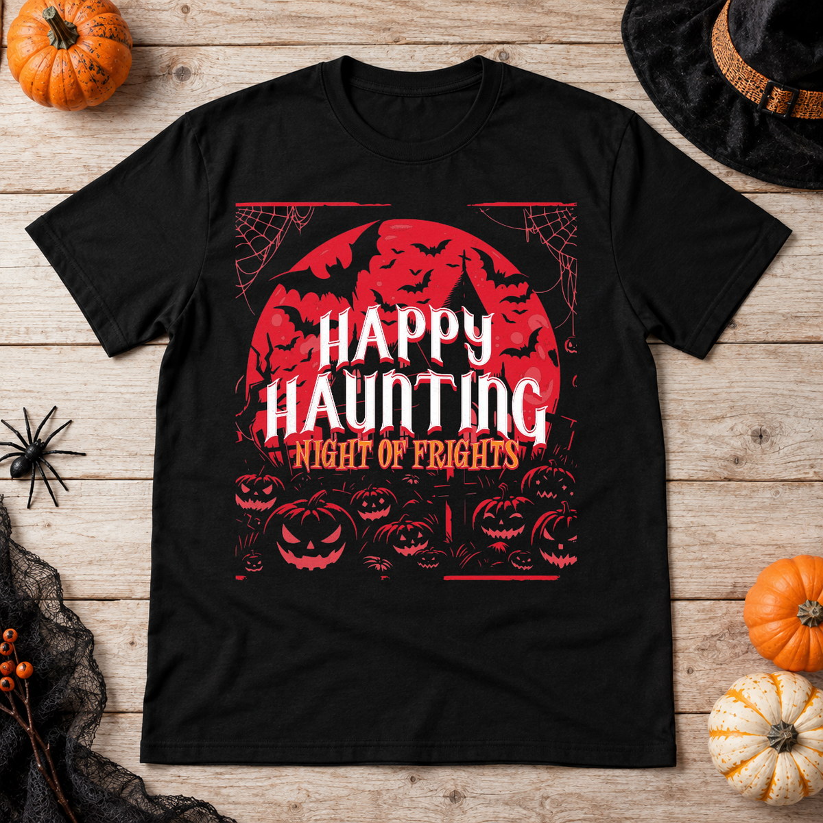 Happy Haunting Night Of Frights Spooky Halloween T-Shirt – Dark Gothic Halloween Graphic Graphic Tee - Color: black