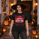 Happy Haunting Night Of Frights Spooky Halloween T-Shirt – Dark Gothic Halloween Graphic Graphic Tee - Color: black