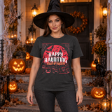 Happy Haunting Night Of Frights Spooky Halloween T-Shirt – Dark Gothic Halloween Graphic Graphic Tee - Color: charcoal