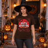 Happy Haunting Night Of Frights Spooky Halloween T-Shirt – Dark Gothic Halloween Graphic Graphic Tee - Color: chocolate