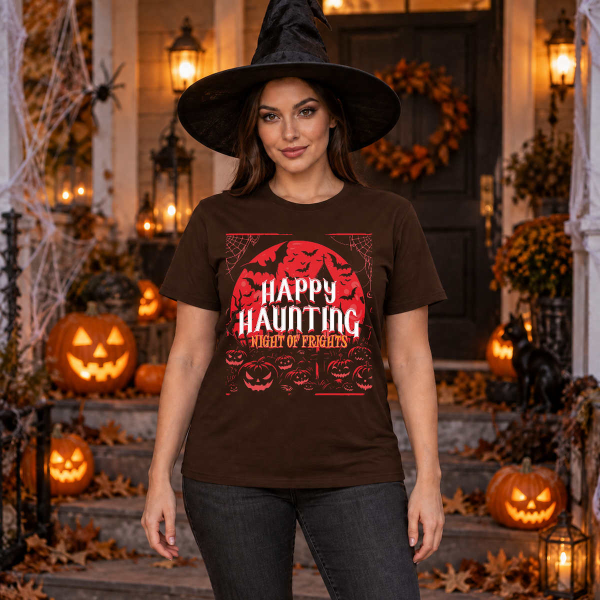 Happy Haunting Night Of Frights Spooky Halloween T-Shirt – Dark Gothic Halloween Graphic Graphic Tee - Color: chocolate