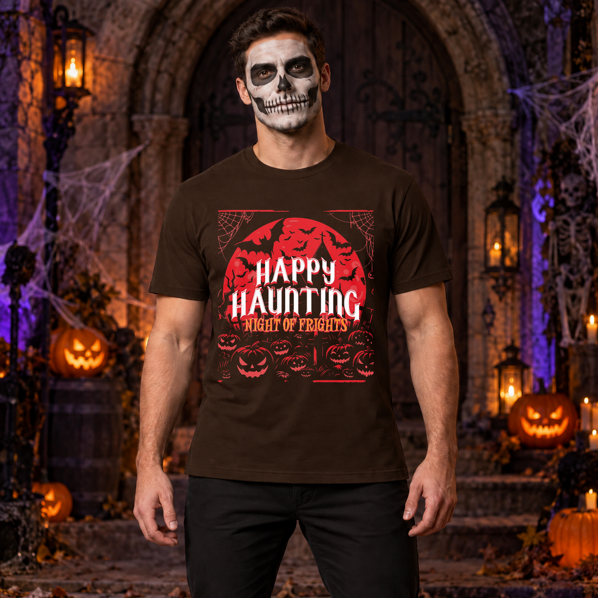 Happy Haunting Night Of Frights Spooky Halloween T-Shirt – Dark Gothic Halloween Graphic Graphic Tee - Color: chocolate