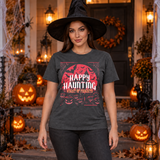 Happy Haunting Night Of Frights Spooky Halloween T-Shirt – Dark Gothic Halloween Graphic Graphic Tee - Color: dark heather