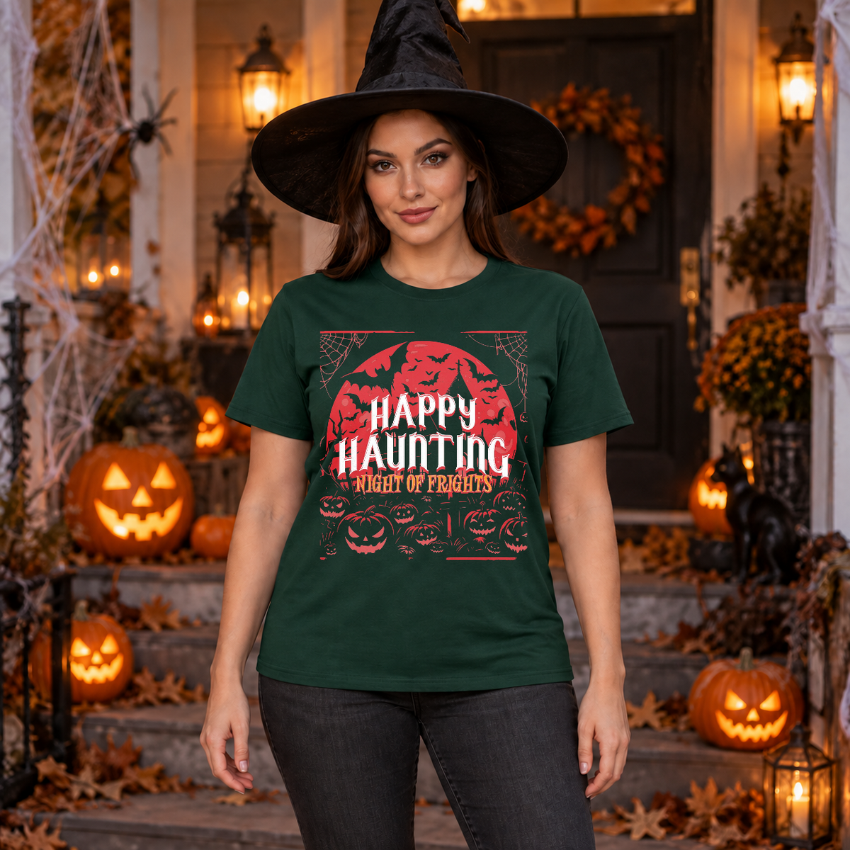 Happy Haunting Night Of Frights Spooky Halloween T-Shirt – Dark Gothic Halloween Graphic Graphic Tee - Color: forest green