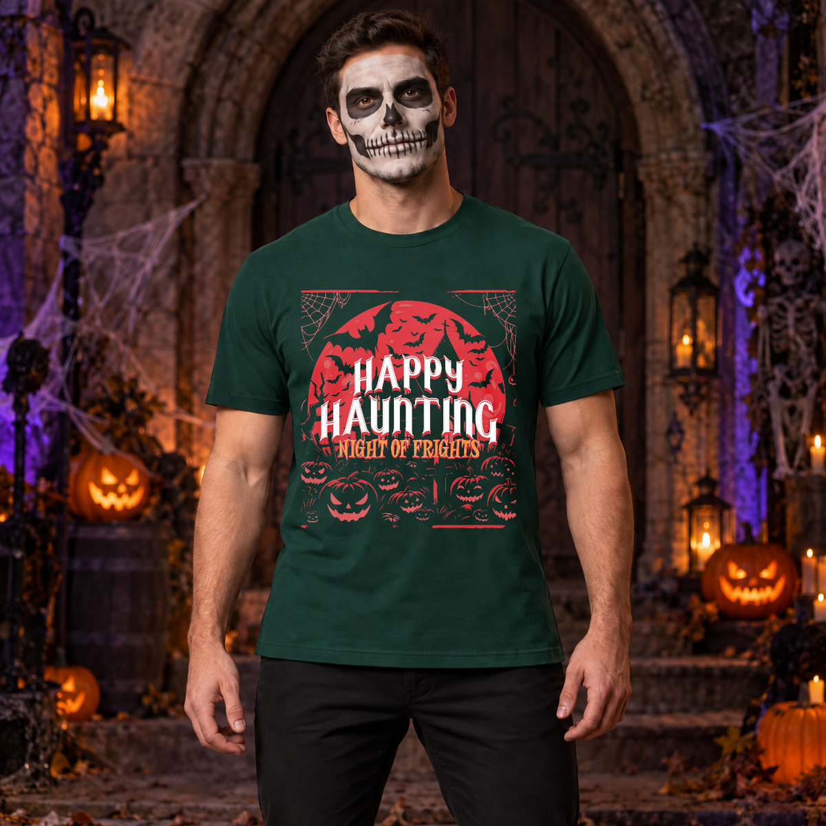 Happy Haunting Night Of Frights Spooky Halloween T-Shirt – Dark Gothic Halloween Graphic Graphic Tee - Color: forest green