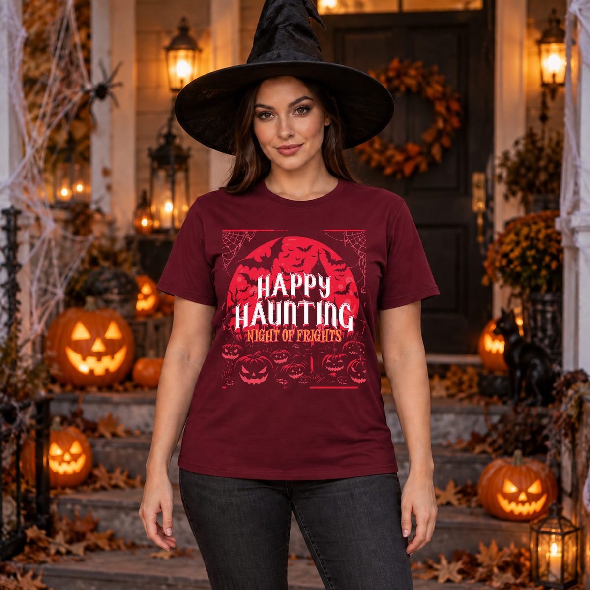 Happy Haunting Night Of Frights Spooky Halloween T-Shirt – Dark Gothic Halloween Graphic Graphic Tee - Color: maroon