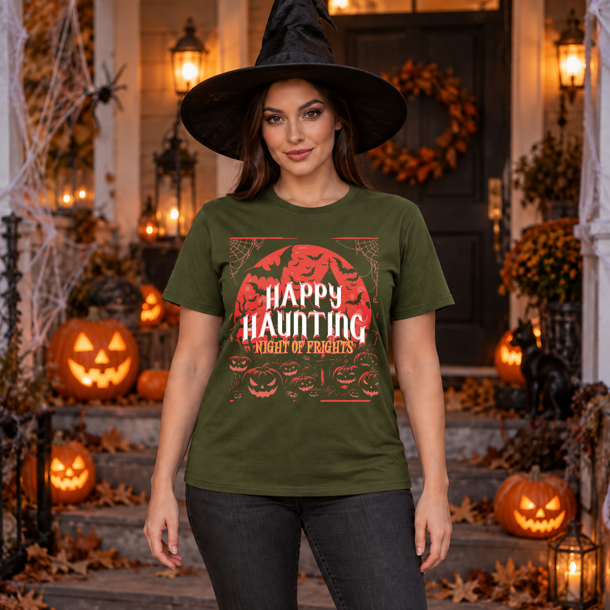 Happy Haunting Night Of Frights Spooky Halloween T-Shirt – Dark Gothic Halloween Graphic Graphic Tee - Color: military green