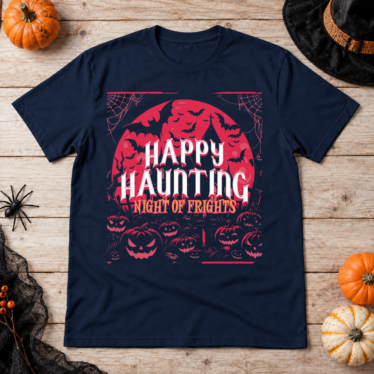 Happy Haunting Night Of Frights Spooky Halloween T-Shirt – Dark Gothic Halloween Graphic Graphic Tee - Color: navy