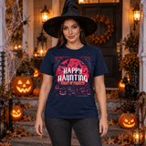 Happy Haunting Night Of Frights Spooky Halloween T-Shirt – Dark Gothic Halloween Graphic Graphic Tee - Color: navy