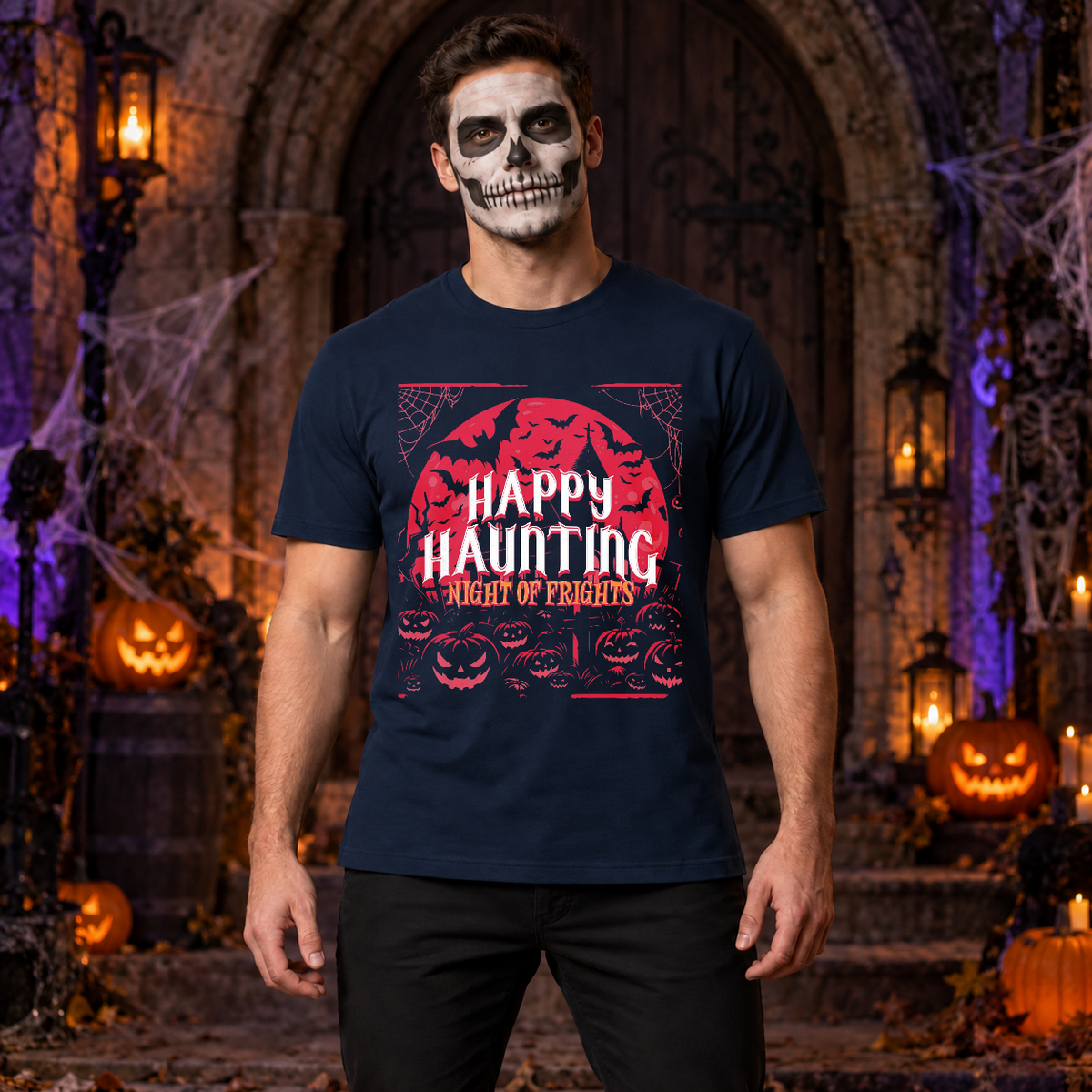 Happy Haunting Night Of Frights Spooky Halloween T-Shirt – Dark Gothic Halloween Graphic Graphic Tee - Color: navy