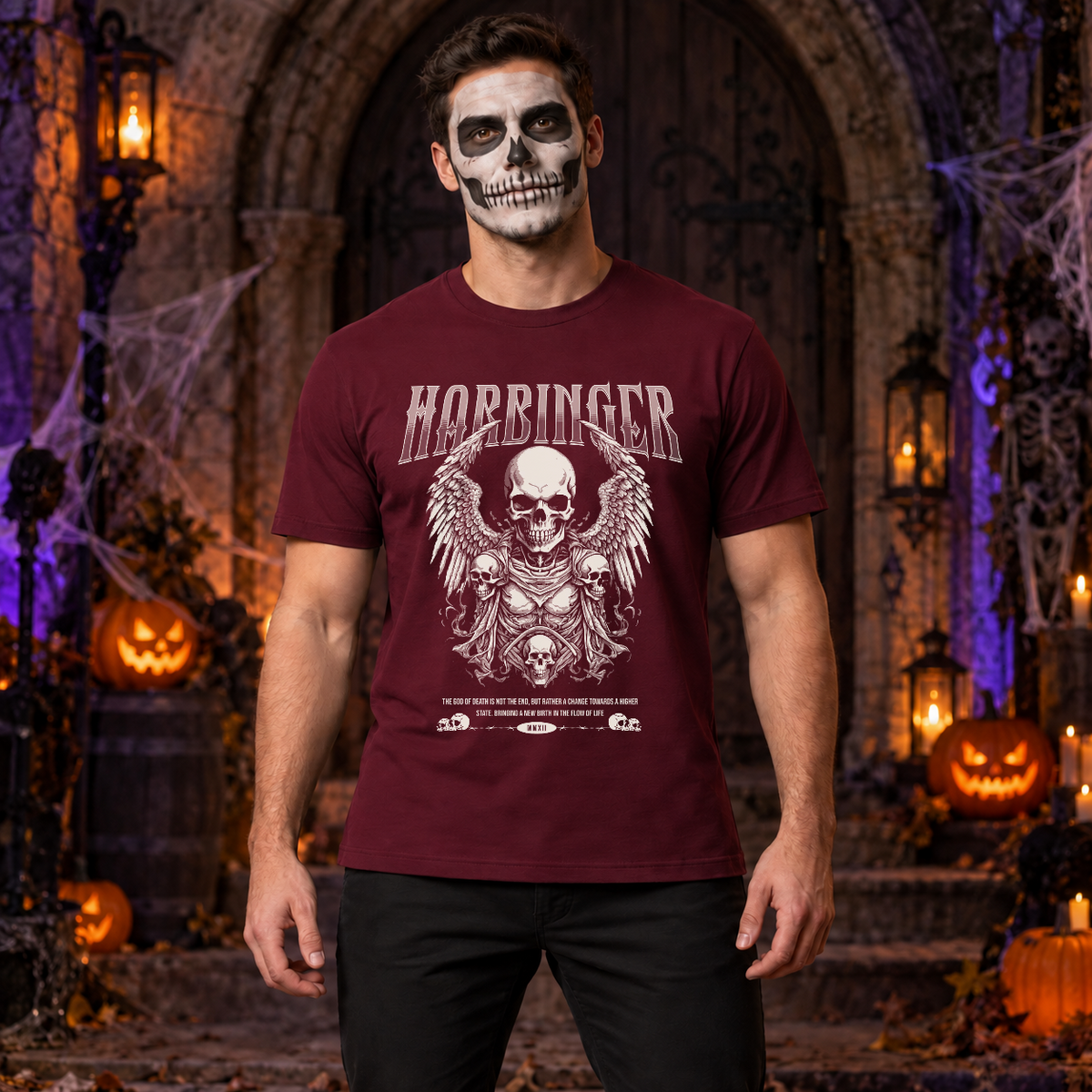 Harbinger T-Shirt – Skull & Reaper Gothic Graphic Graphic Tee - Color: maroon