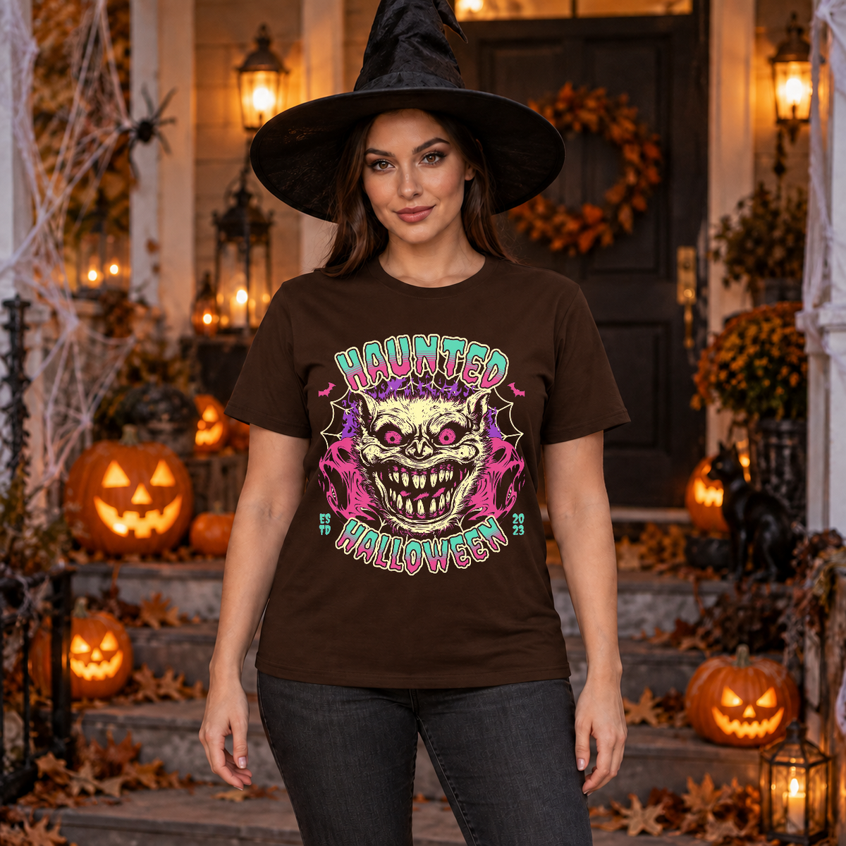 Haunted T-Shirt – Halloween Streetwear Graphic Graphic Tee - Color: chocolate