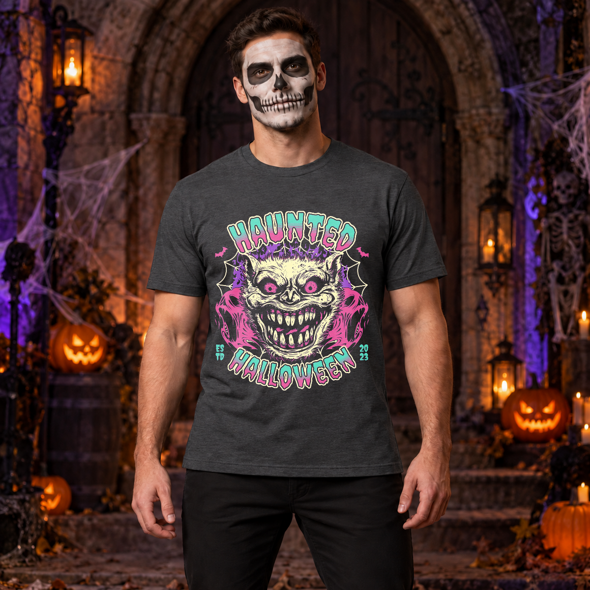 Haunted T-Shirt – Halloween Streetwear Graphic Graphic Tee - Color: dark heather