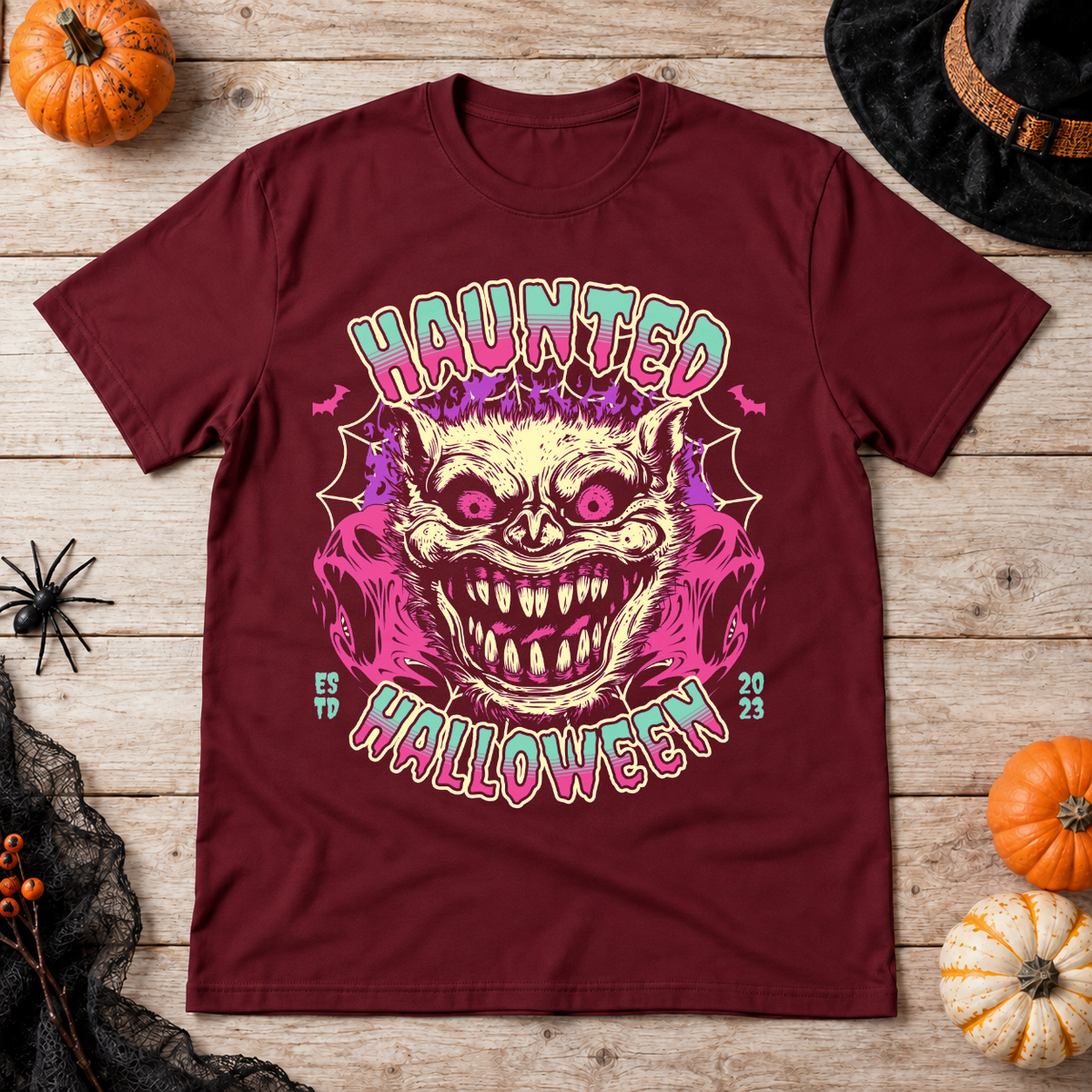 Haunted T-Shirt – Halloween Streetwear Graphic Graphic Tee - Color: maroon