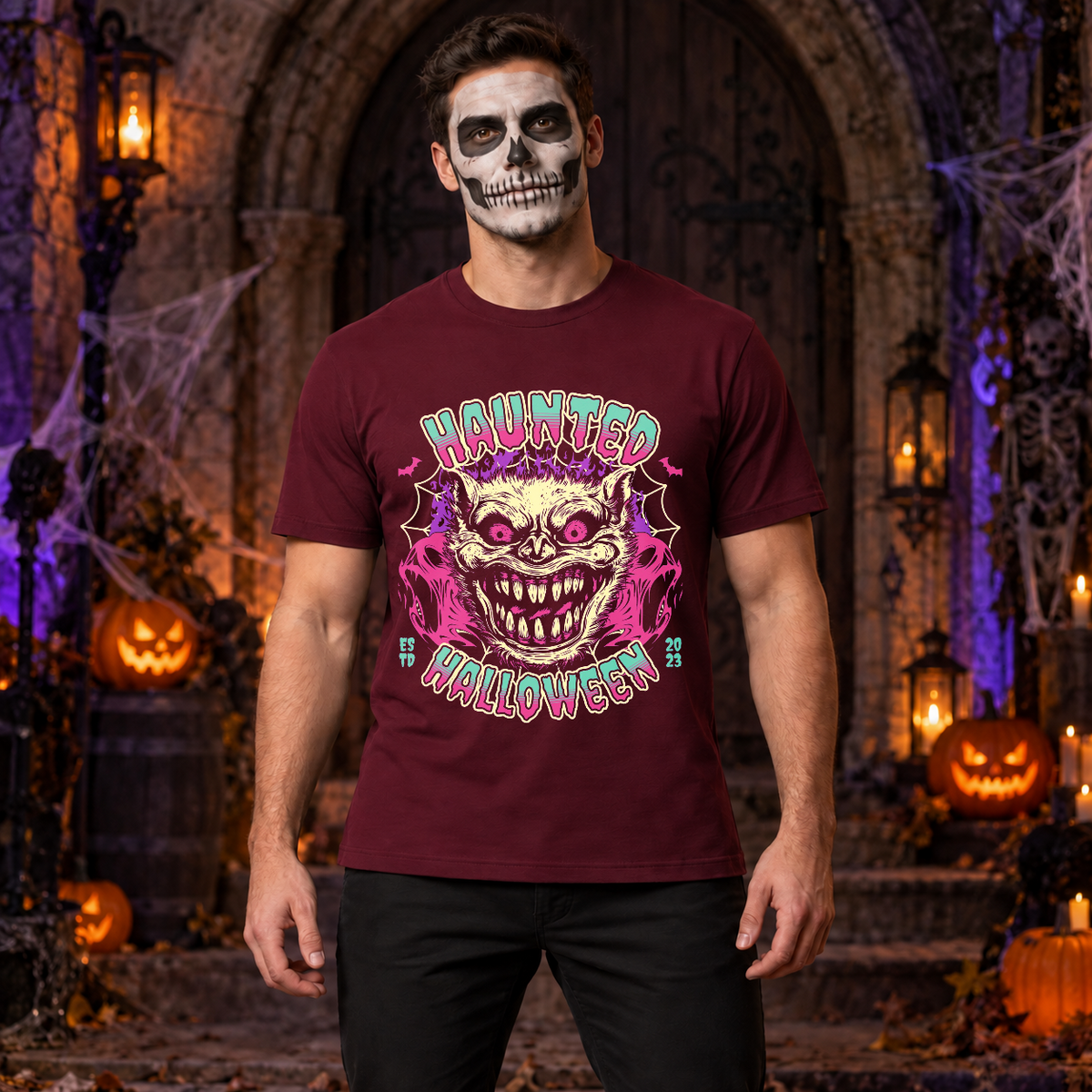Haunted T-Shirt – Halloween Streetwear Graphic Graphic Tee - Color: maroon