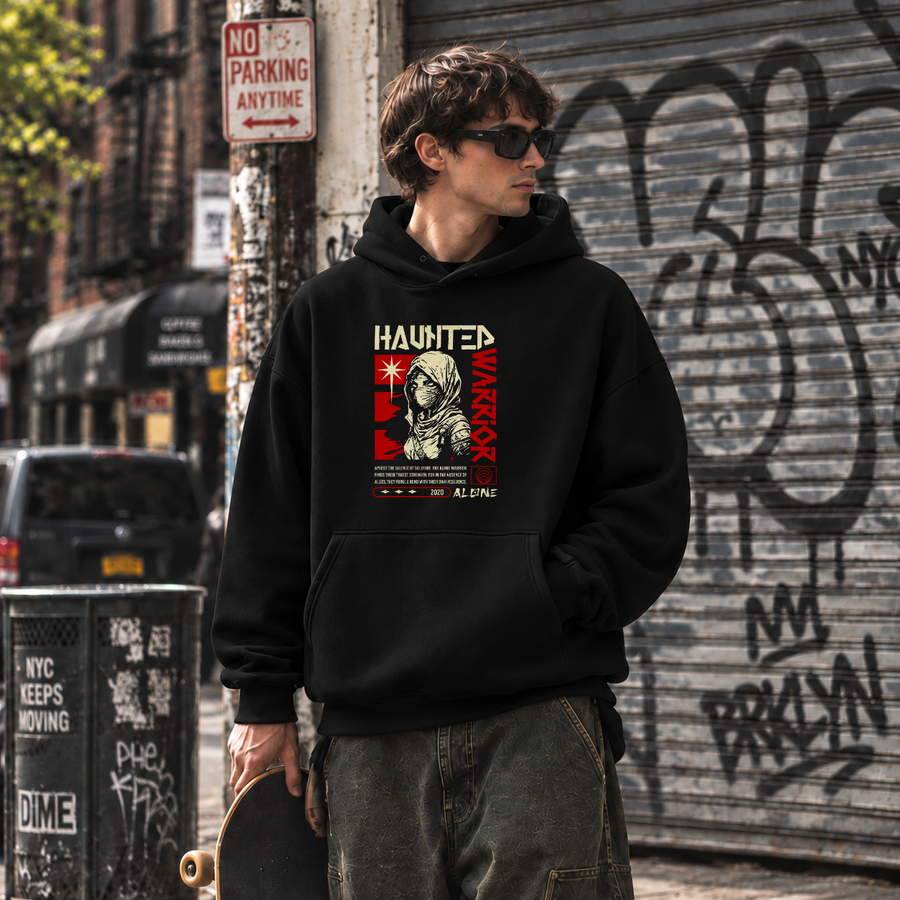 Haunted Warrior Hoodie – Gothic Streetwear Poster Graphic Hoodie - Color: black