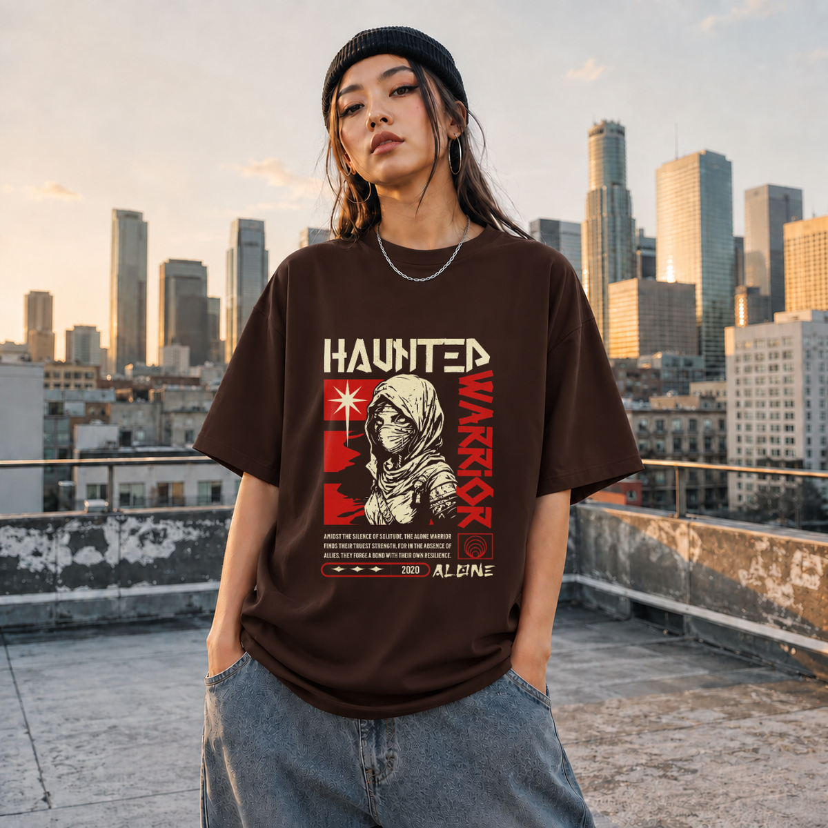 Haunted Warrior T-Shirt – Gothic Streetwear Poster Graphic Tee - Color: Dark Chocolate