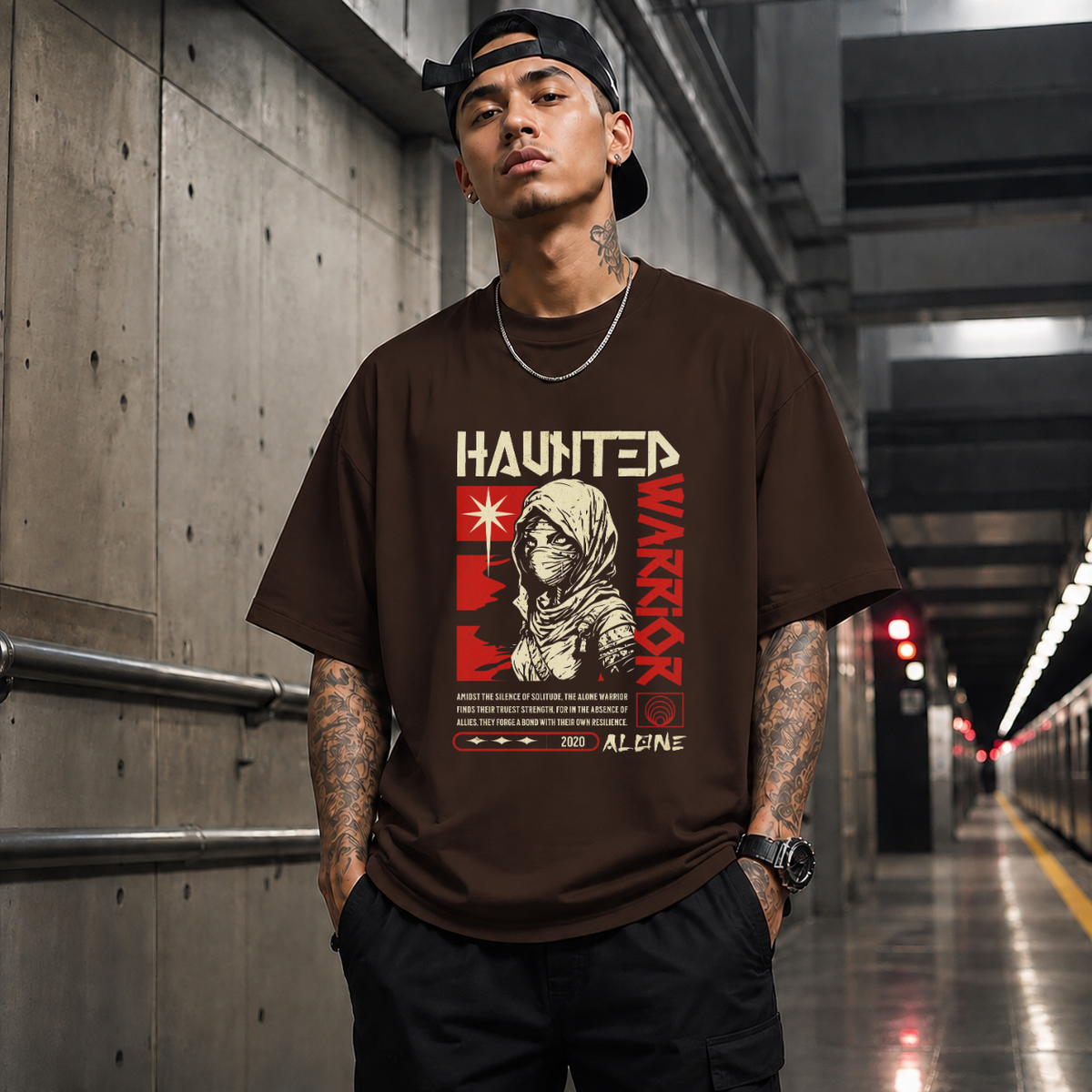 Haunted Warrior T-Shirt – Gothic Streetwear Poster Graphic Tee - Color: Dark Chocolate