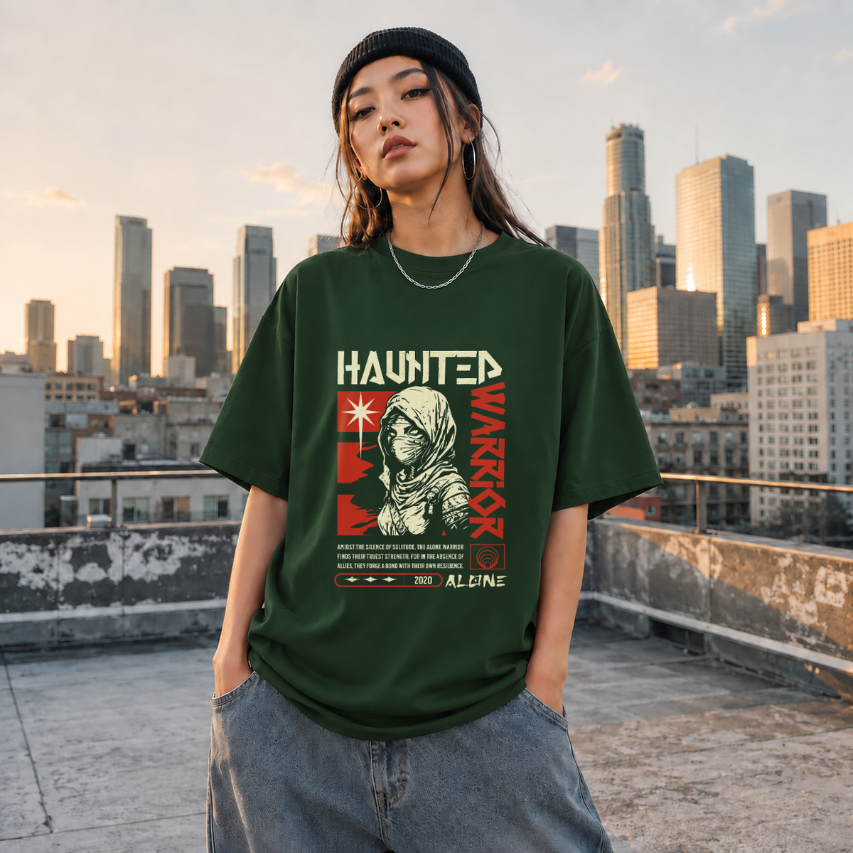 Haunted Warrior T-Shirt – Gothic Streetwear Poster Graphic Tee - Color: Forest Green