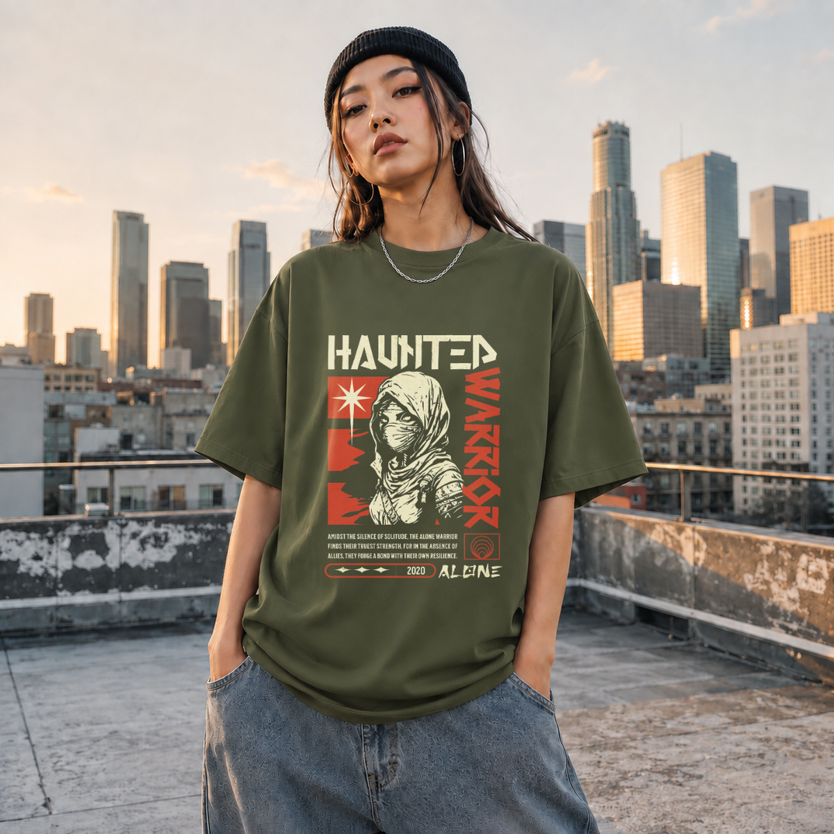 Haunted Warrior T-Shirt – Gothic Streetwear Poster Graphic Tee - Color: Millitary Green