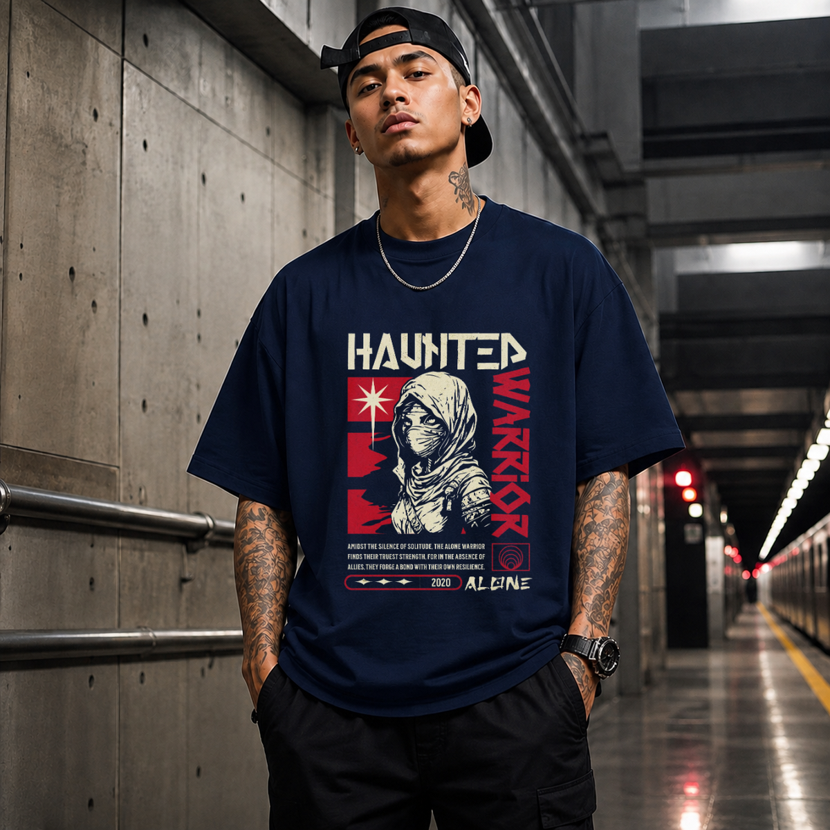 Haunted Warrior T-Shirt – Gothic Streetwear Poster Graphic Tee - Color: Navy