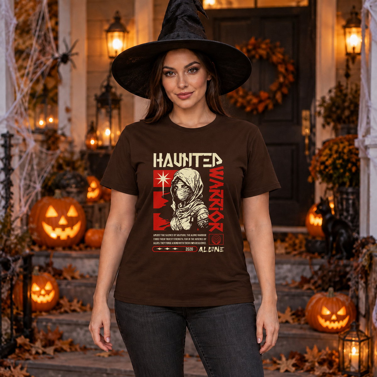 Haunted Warrior T-Shirt – Halloween Streetwear Graphic Graphic Tee - Color: chocolate