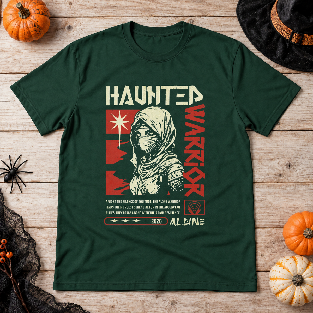 Haunted Warrior T-Shirt – Halloween Streetwear Graphic Graphic Tee - Color: forest green