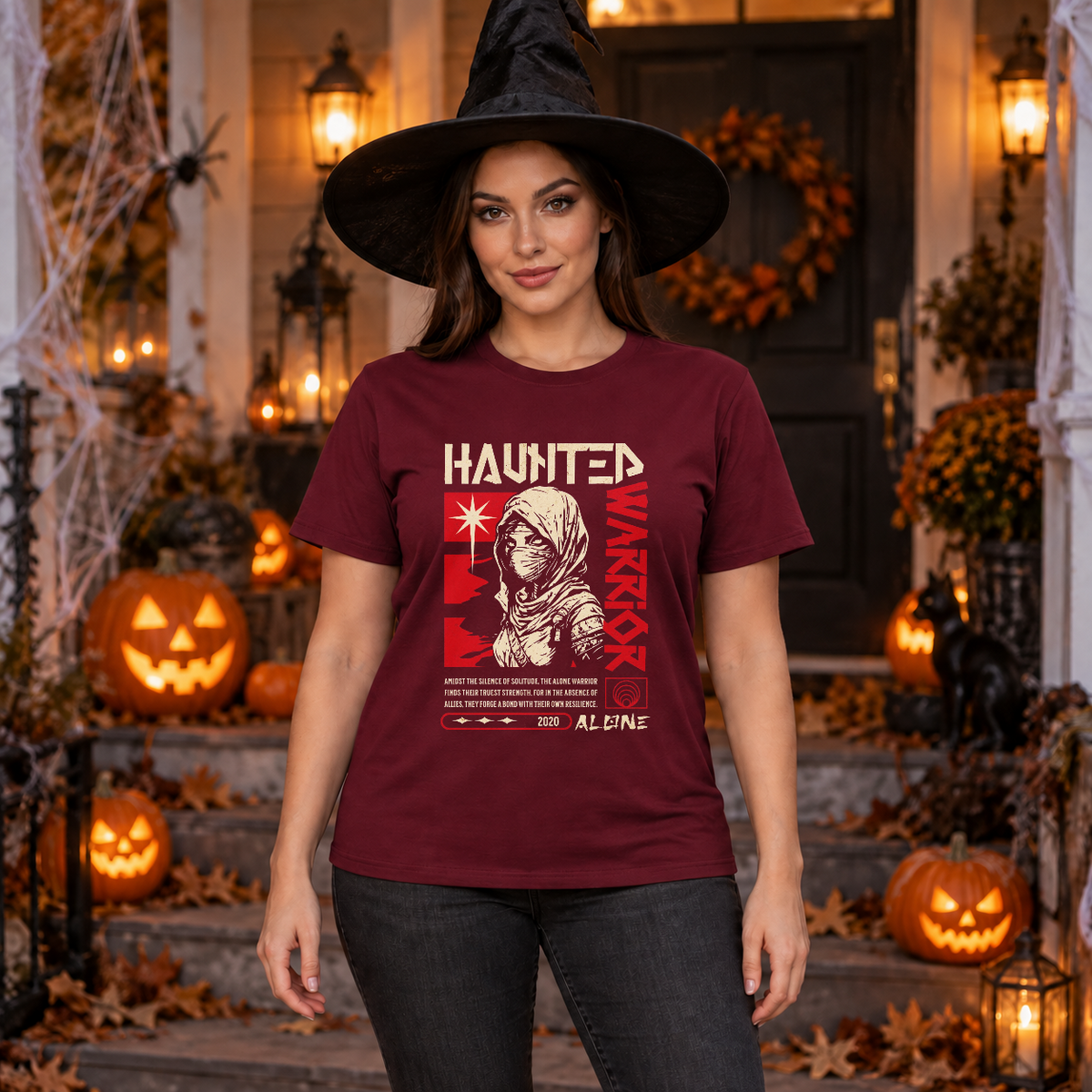 Haunted Warrior T-Shirt – Halloween Streetwear Graphic Graphic Tee - Color: maroon