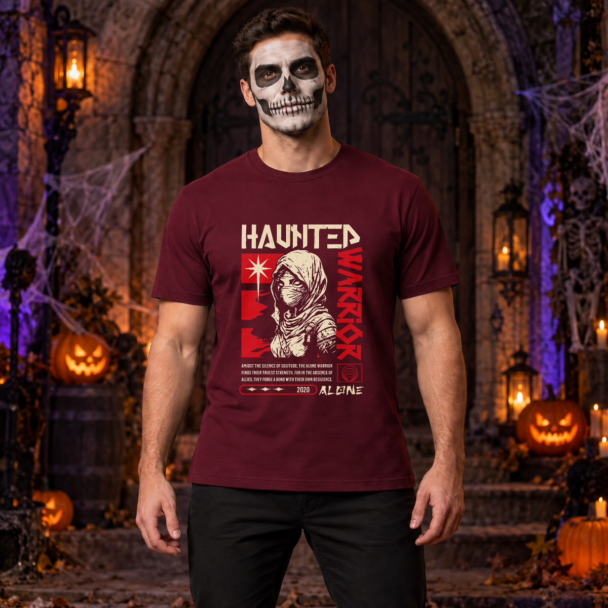 Haunted Warrior T-Shirt – Halloween Streetwear Graphic Graphic Tee - Color: maroon