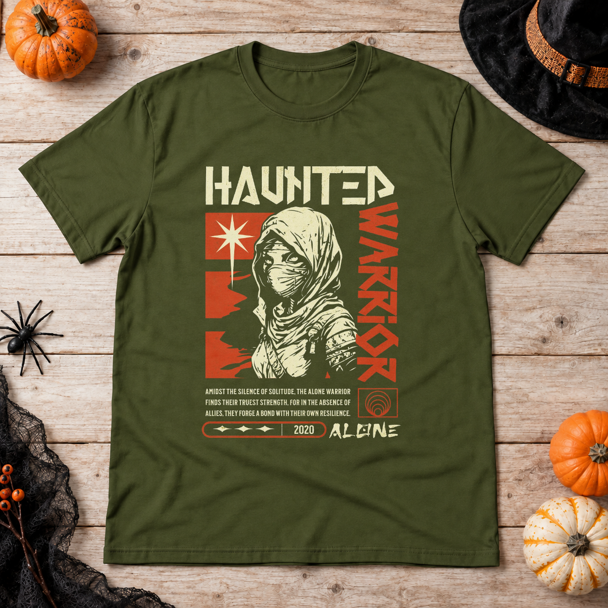 Haunted Warrior T-Shirt – Halloween Streetwear Graphic Graphic Tee - Color: military green