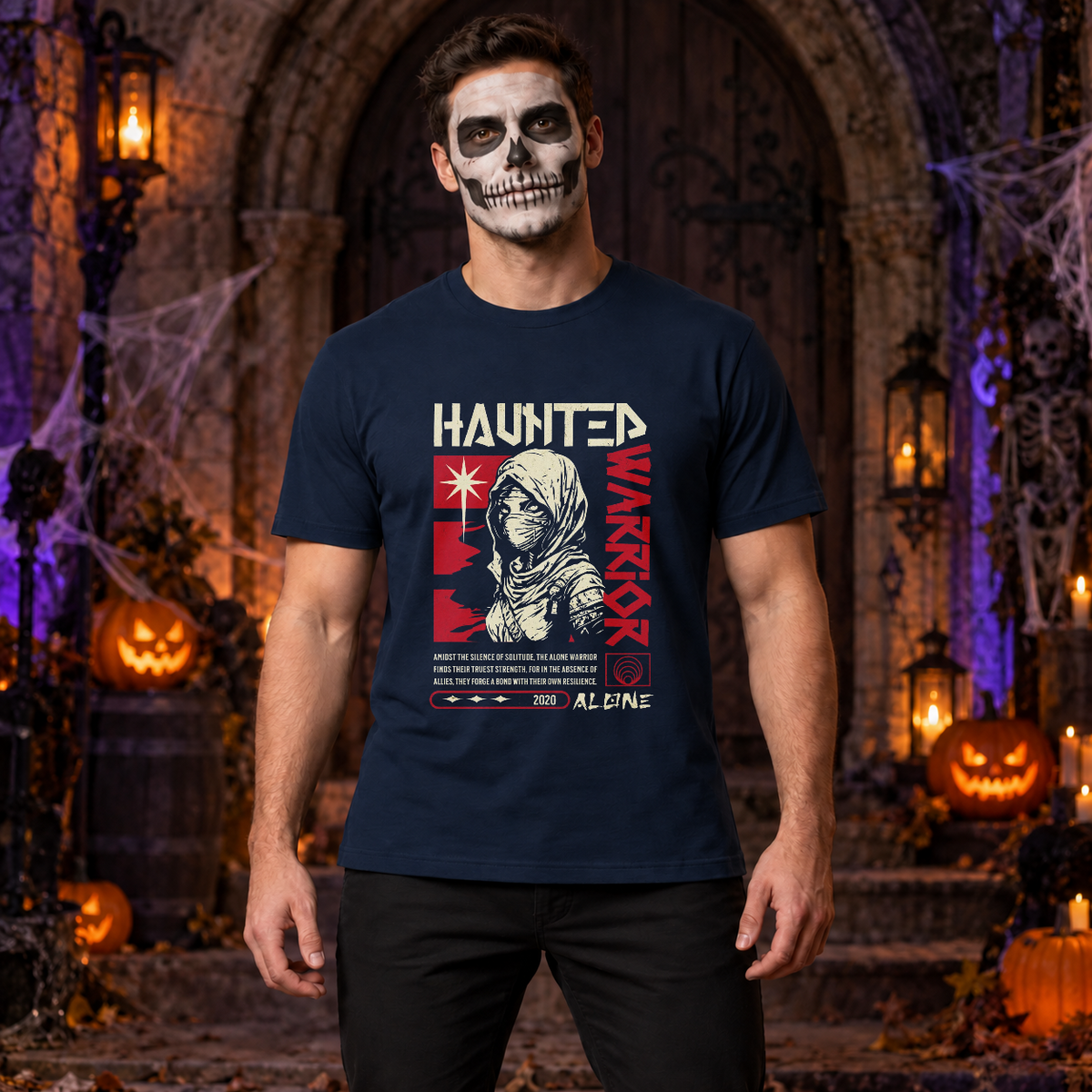 Haunted Warrior T-Shirt – Halloween Streetwear Graphic Graphic Tee - Color: navy