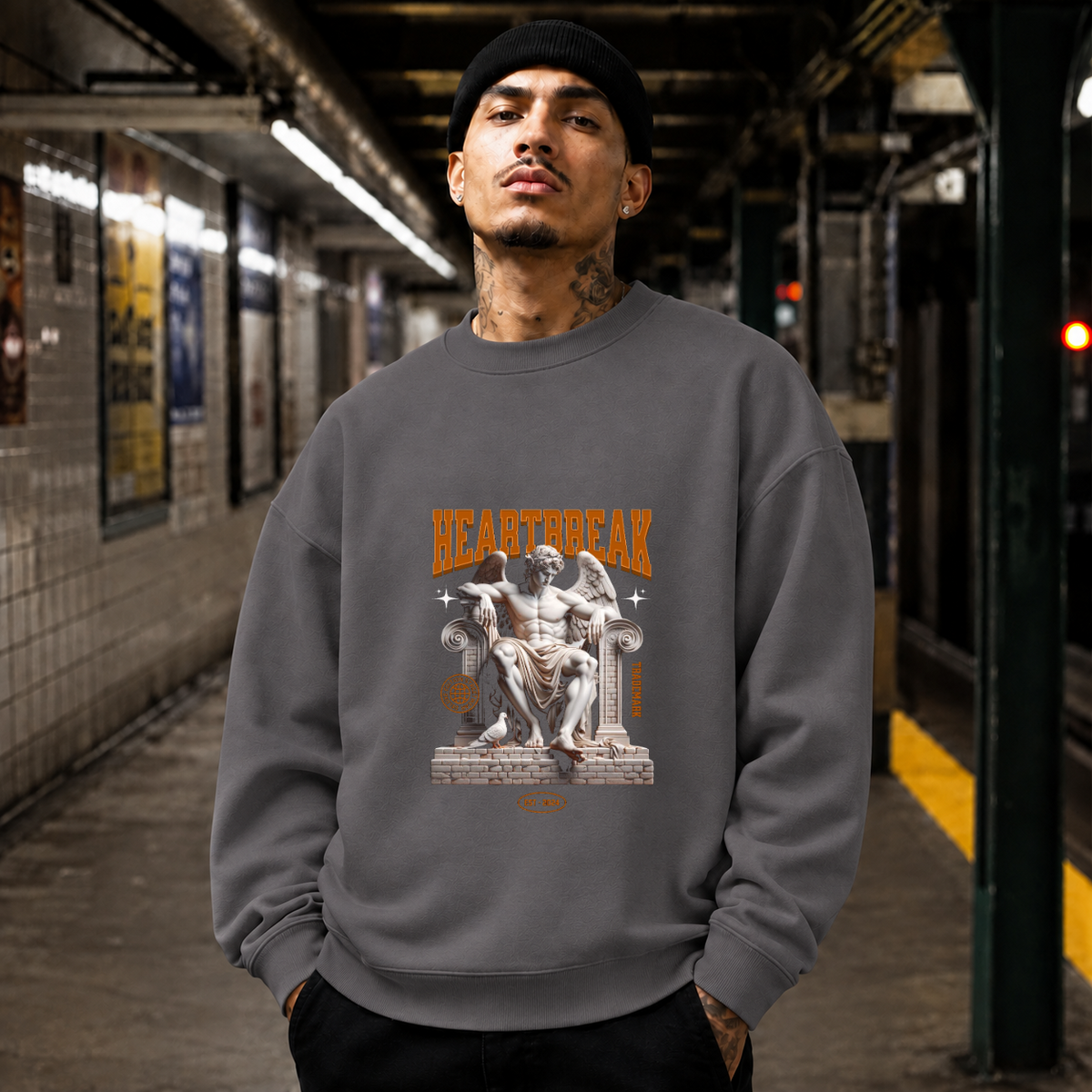 Heartbreak Statue Columns Sweatshirt – Dark Art / Renaissance Aesthetic Graphic Sweatshirt - Color: charcoal