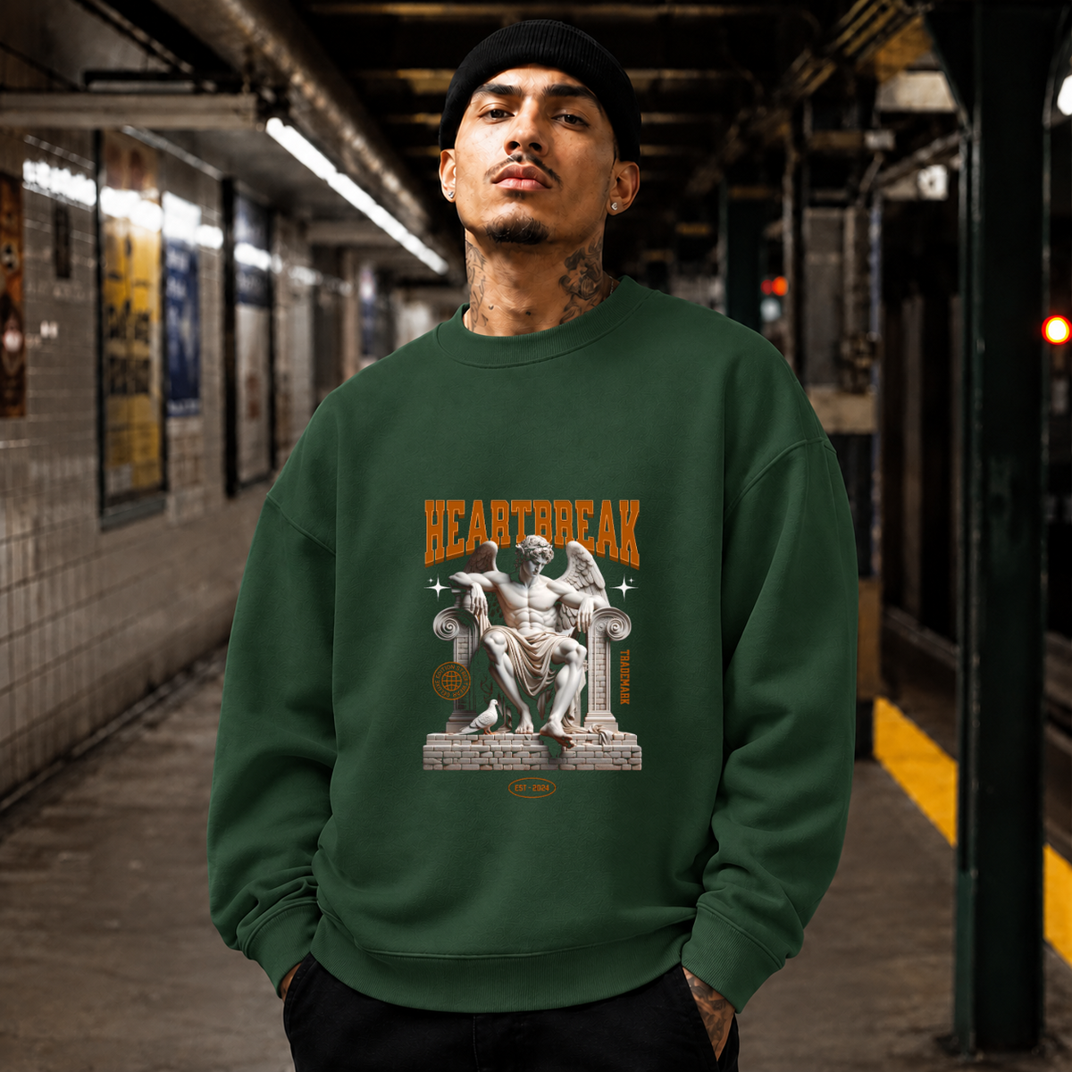 Heartbreak Statue Columns Sweatshirt – Dark Art / Renaissance Aesthetic Graphic Sweatshirt - Color: forest green