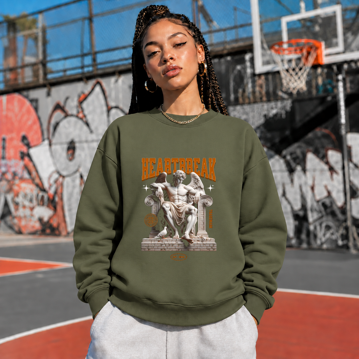 Heartbreak Statue Columns Sweatshirt – Dark Art / Renaissance Aesthetic Graphic Sweatshirt - Color: military green