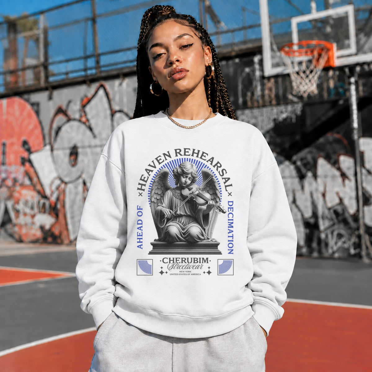 Heaven Rehearsal Cherubim Violin Sweatshirt – Religious Imagery Collage Graphic Sweatshirt - Color: ash