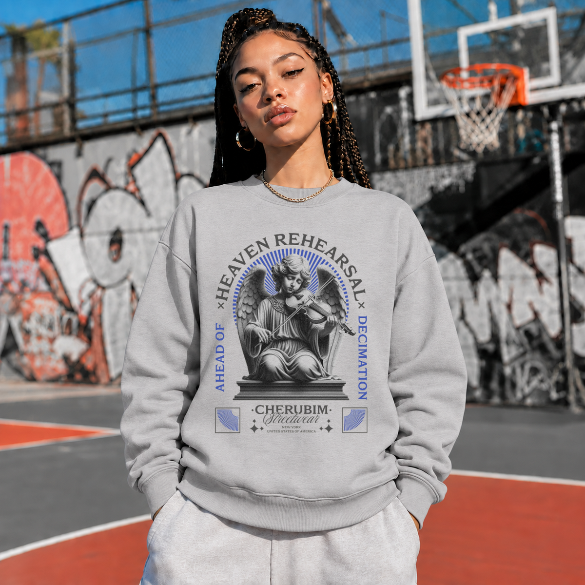 Heaven Rehearsal Cherubim Violin Sweatshirt – Religious Imagery Collage Graphic Sweatshirt - Color: sport grey