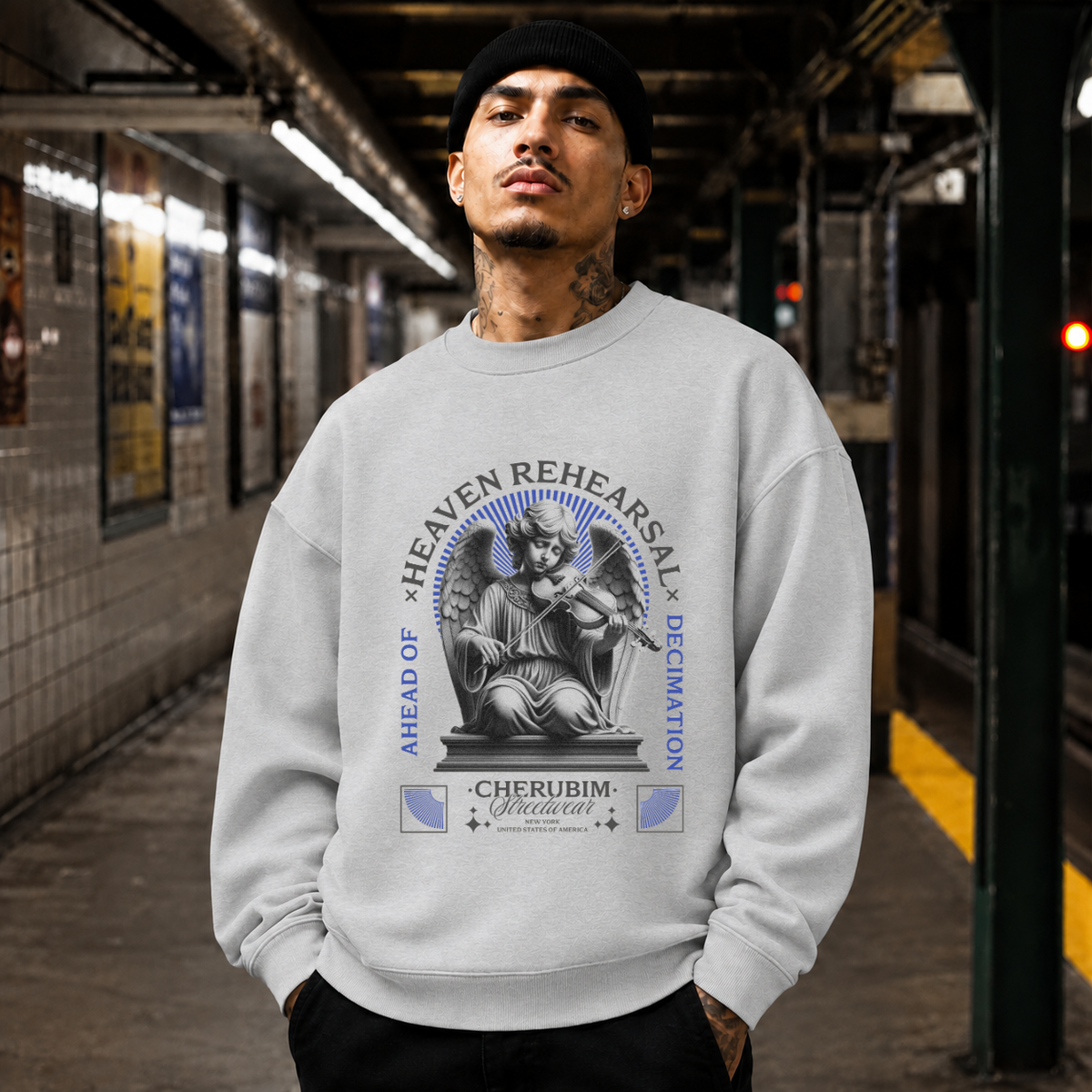 Heaven Rehearsal Cherubim Violin Sweatshirt – Religious Imagery Collage Graphic Sweatshirt - Color: sport grey