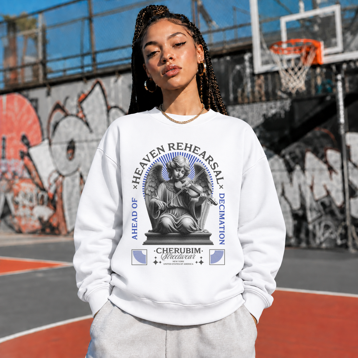 Heaven Rehearsal Cherubim Violin Sweatshirt – Religious Imagery Collage Graphic Sweatshirt - Color: white
