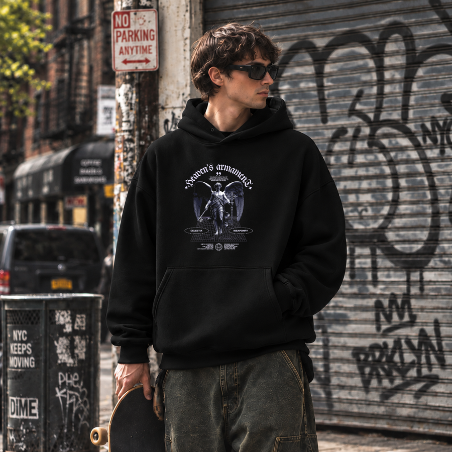 Heaven's Armament Angel Warrior Hoodie – Gothic Streetwear Poster Graphic Hoodie - Color: black