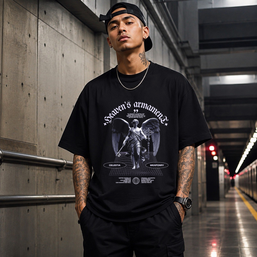 Heaven's Armament Angel Warrior T-Shirt – Gothic Streetwear Poster Graphic Tee - Color: Black