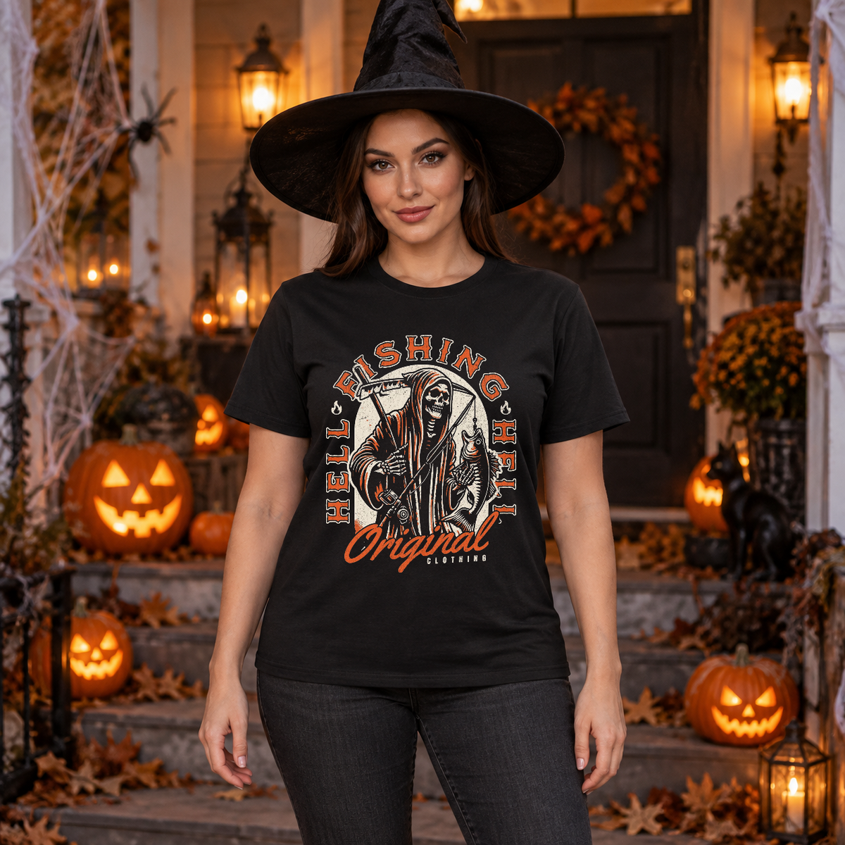 Hell Fishing T-Shirt – Skull & Reaper Gothic Graphic Graphic Tee - Color: black