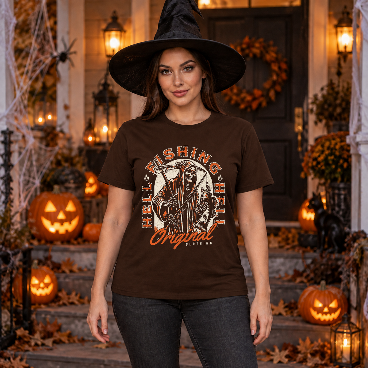 Hell Fishing T-Shirt – Skull & Reaper Gothic Graphic Graphic Tee - Color: chocolate