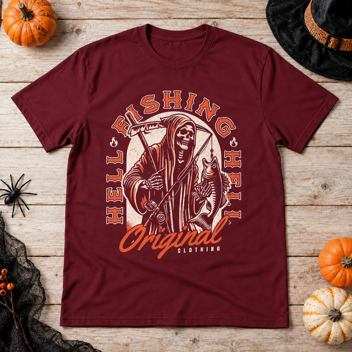 Hell Fishing T-Shirt – Skull & Reaper Gothic Graphic Graphic Tee - Color: maroon