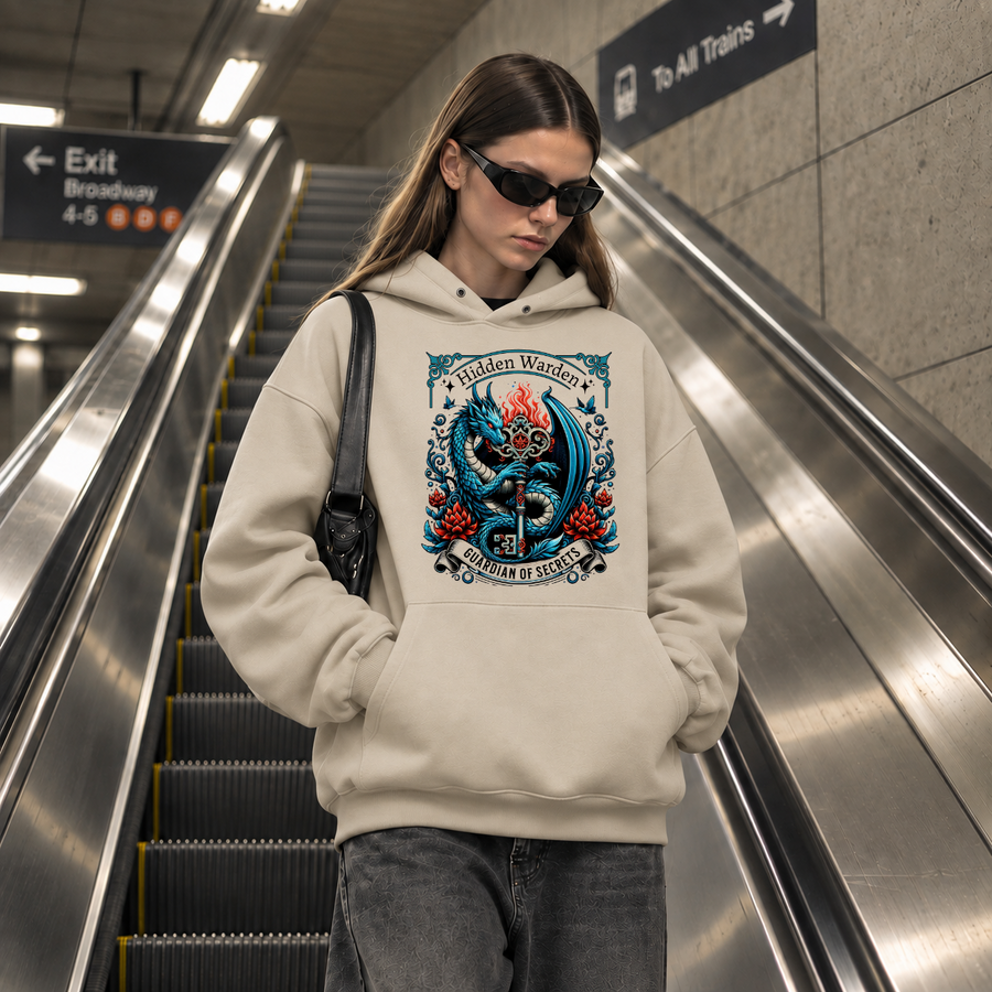 Hidden Warden Guardian of Secrets Dragon Hoodie – Gothic Streetwear Poster Graphic Hoodie - Color: sand