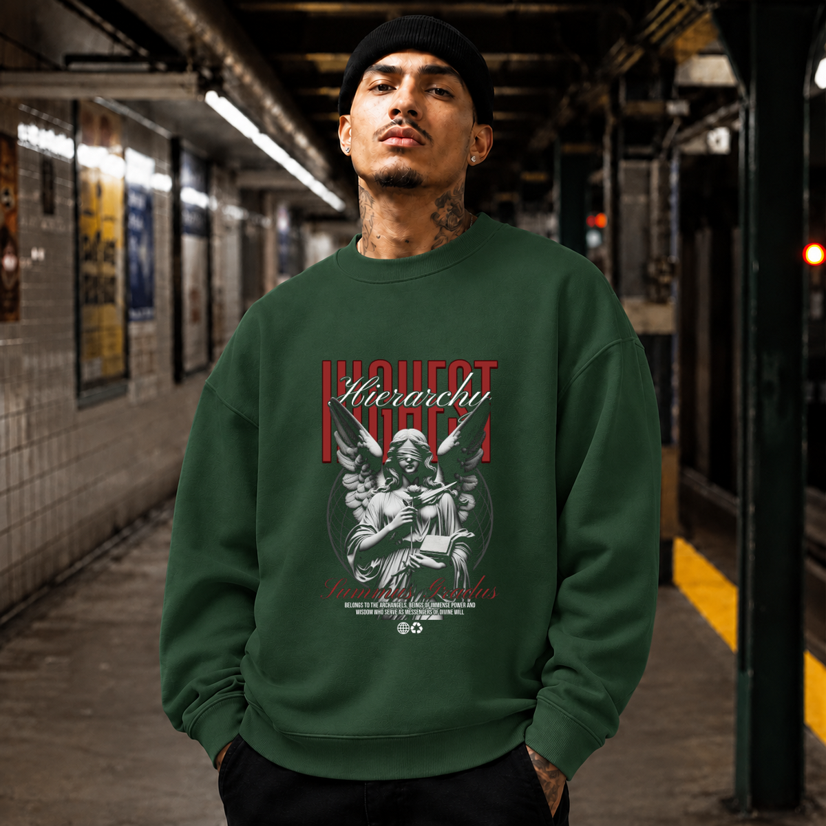 Highest Hierarchy Angel Sweatshirt – Dark Editorial / Gothic Streetwear Sweatshirt - Color: forest green