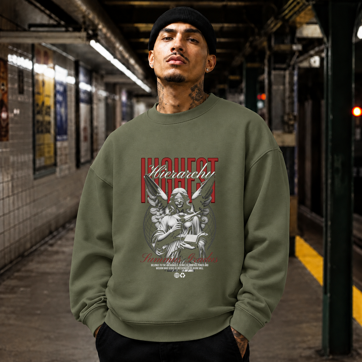 Highest Hierarchy Angel Sweatshirt – Dark Editorial / Gothic Streetwear Sweatshirt - Color: military green
